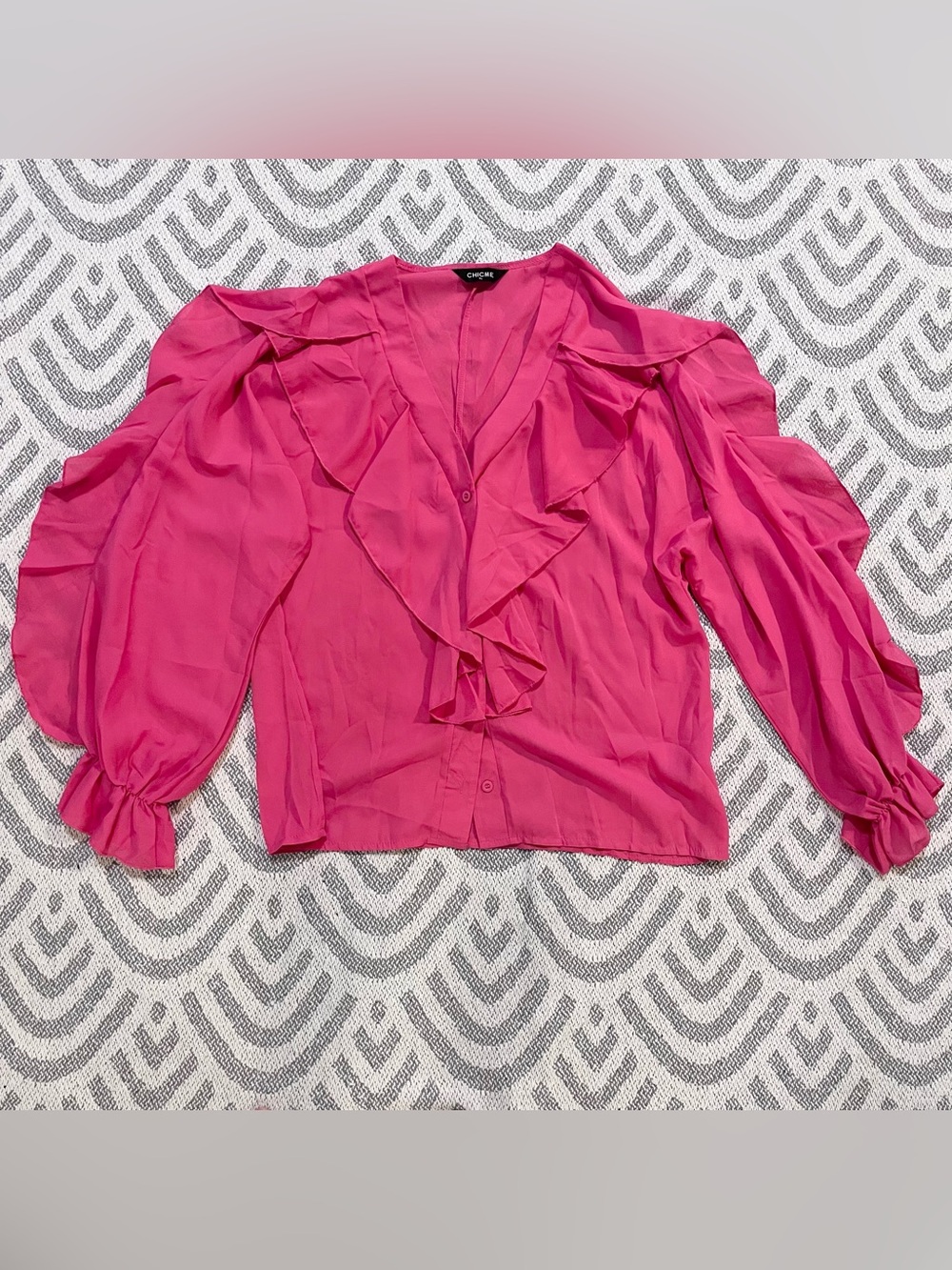 CHIC ME Pink Button Up Ruffle Long Sleeve Blouse XL